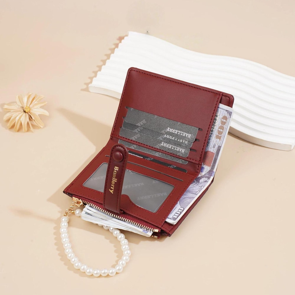 Pearl Chain Women Slim Wallet Compact Card Holder With Zipper Coin Pouch 2