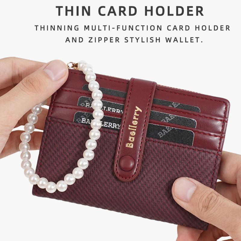 Pearl Chain Women Slim Wallet Compact Card Holder With Zipper Coin Pouch 3