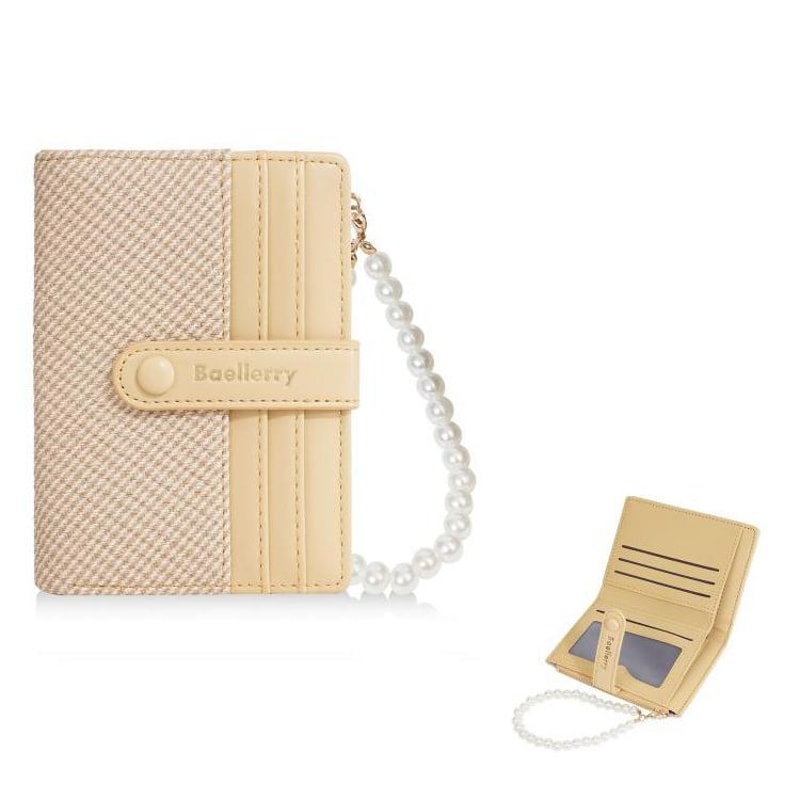 Pearl Chain Women Slim Wallet Compact Card Holder With Zipper Coin Pouch 10