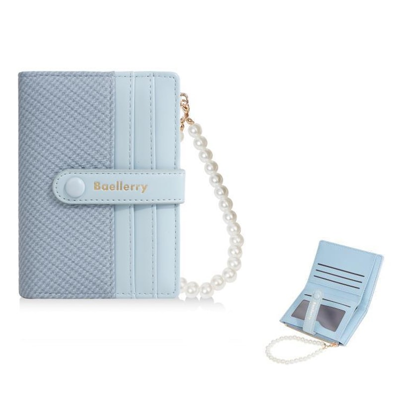 Pearl Chain Women Slim Wallet Compact Card Holder With Zipper Coin Pouch 11