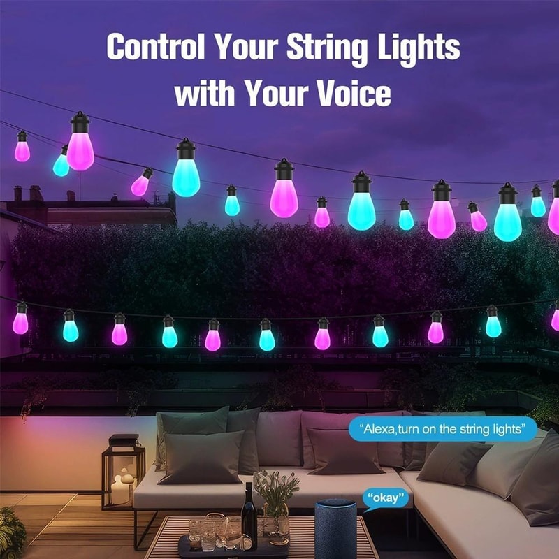 WiFi App Controlled Waterproof RGBIC Outdoor Smart String Lights 12M 20 Bulb