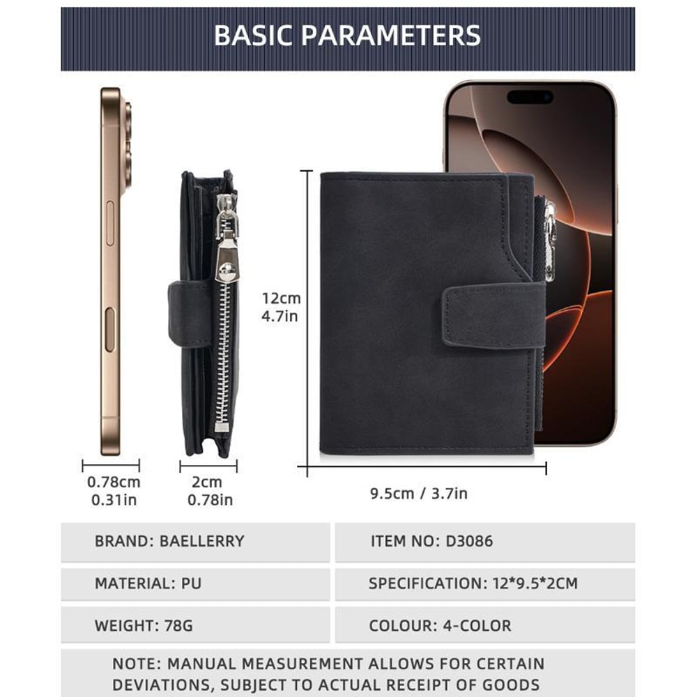 Compact Men Trifold Wallet With Zipper Coin Pocket Slim Card Holder 7