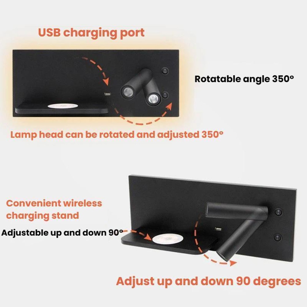 LED Bedside Wall Reading Light With Wireless Charger USB Port 3