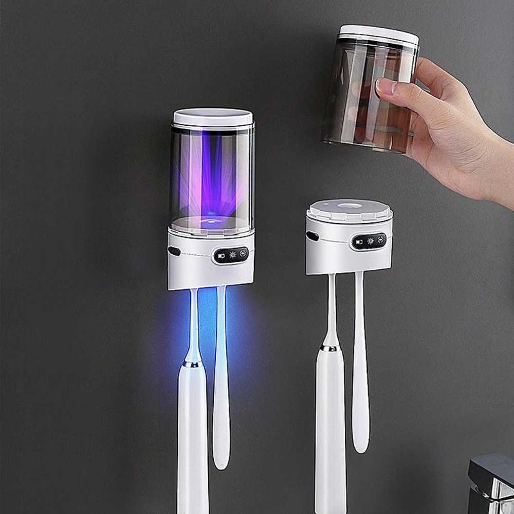 UV Toothbrush Sanitizer & Cup Holder Wall Mount Rechargeable Sterilizer