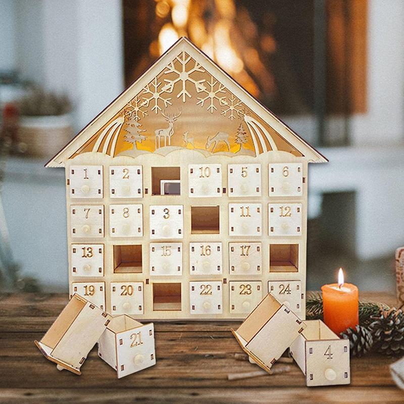 Wooden LED Advent Calendar With 24 Drawers Christmas Countdown Decoration 1