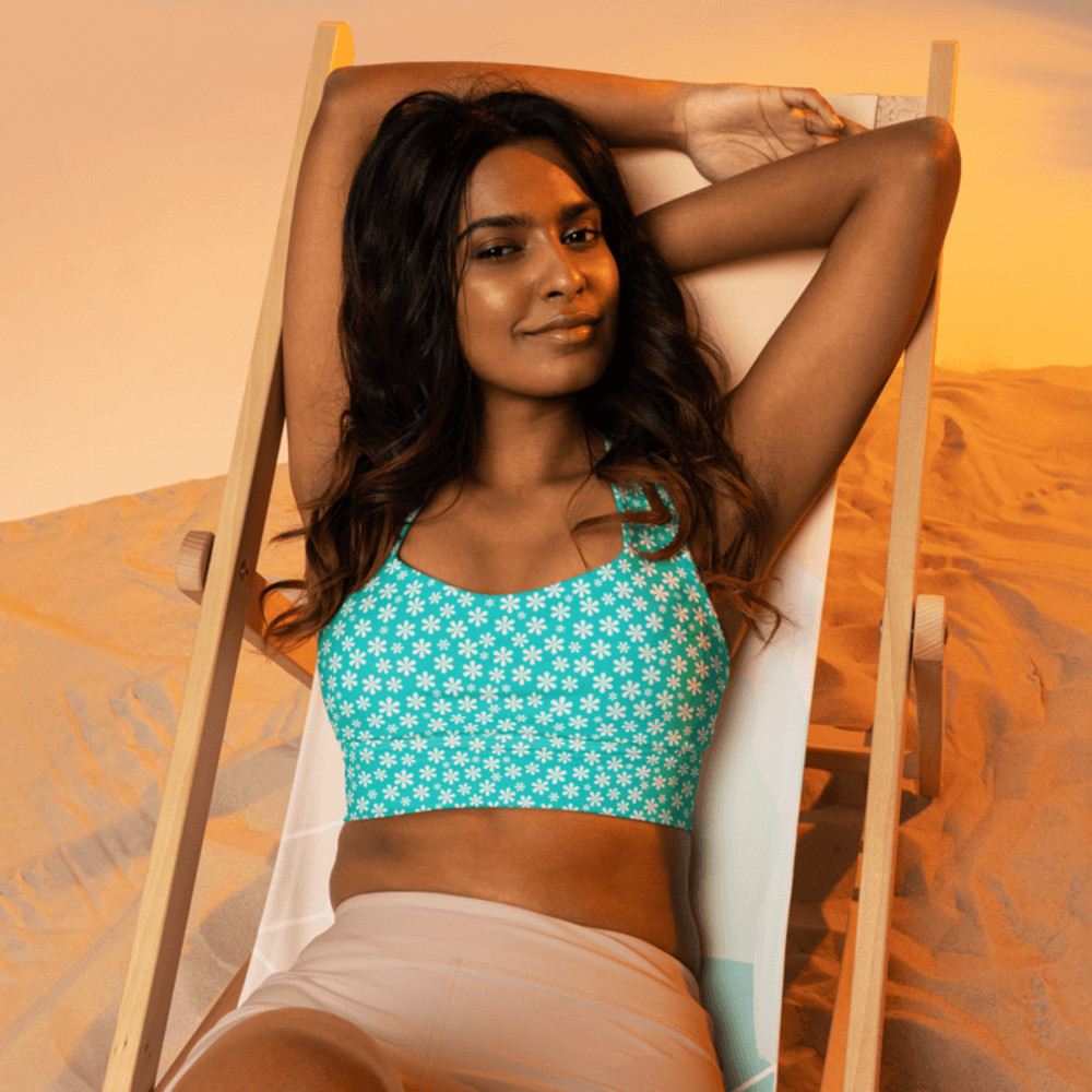 Simple White And Blue Floral Pattern Longline Sports Bra 0