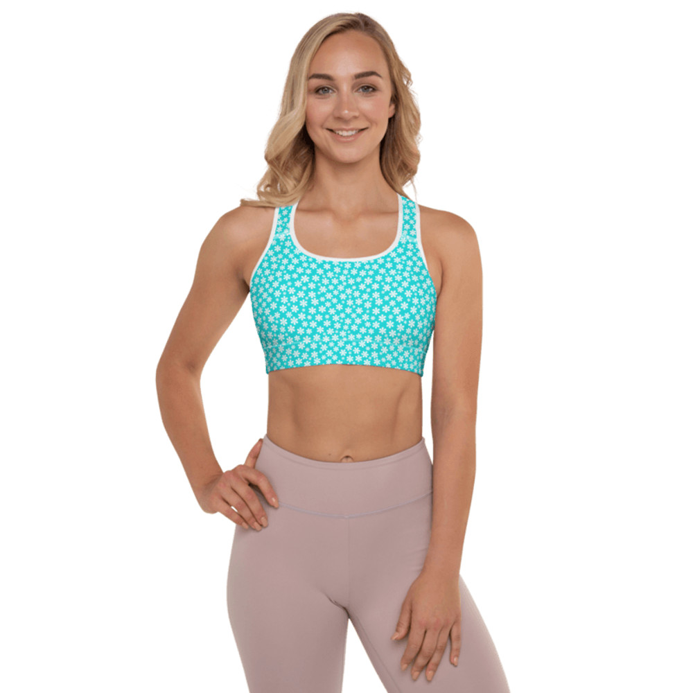 Simple White And Blue Floral Pattern Padded Sports Bra 0