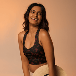 red flowers on the black background date night longline sports bra