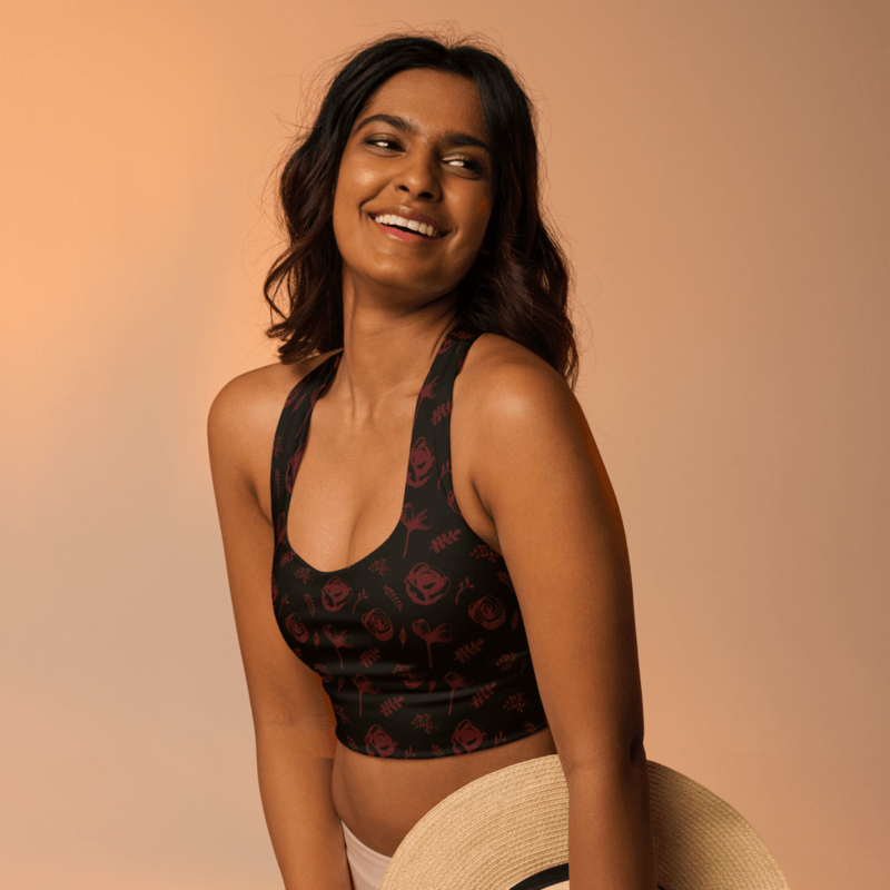 Red Flowers On The Black Background Date Night Longline Sports Bra 0