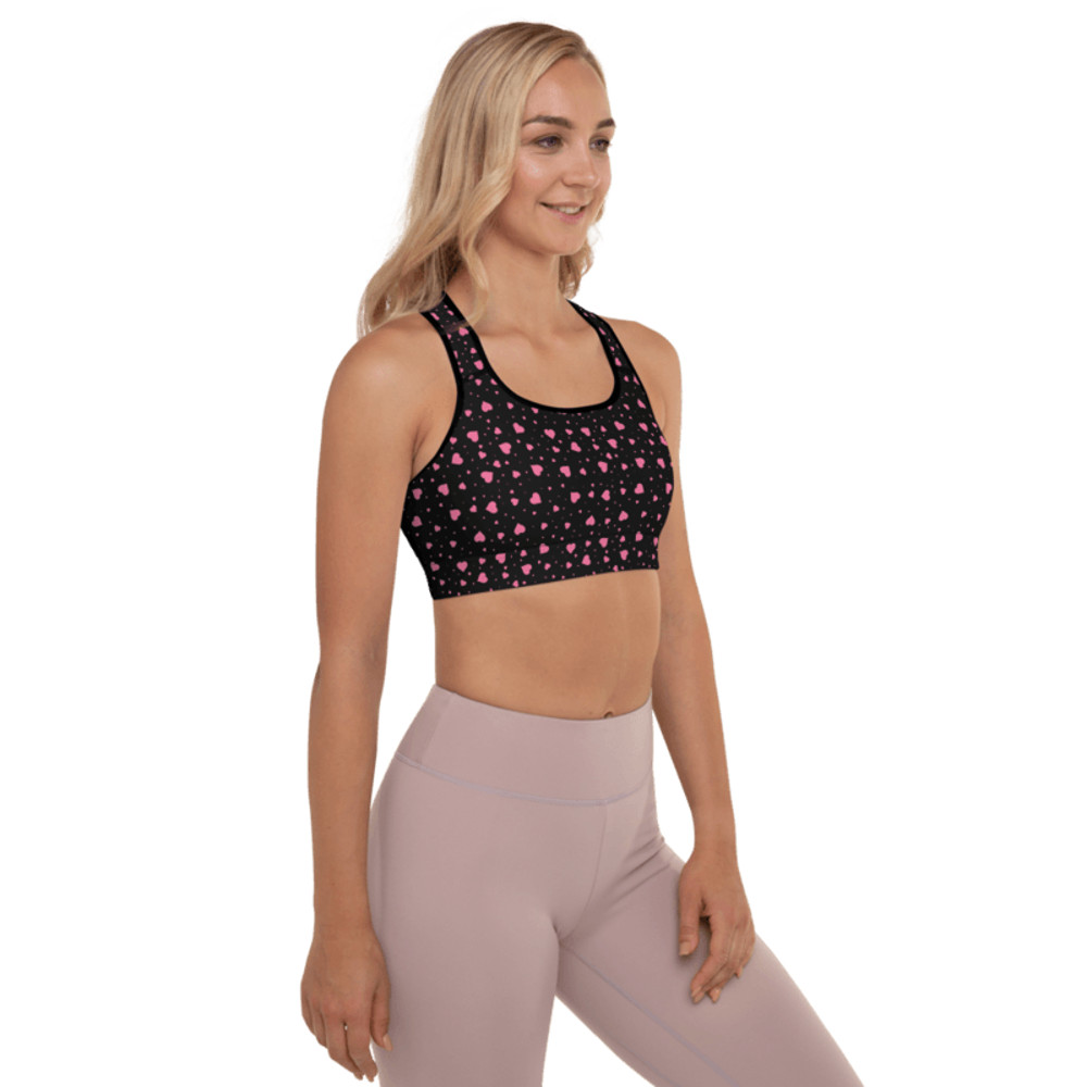 Pink Hearts On The Black Background Padded Sports Bra 0