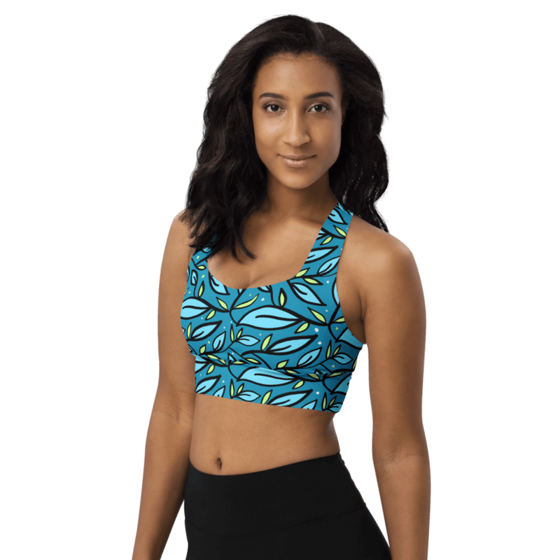 Leaves On A Blue Background Longline Sports Bra 1