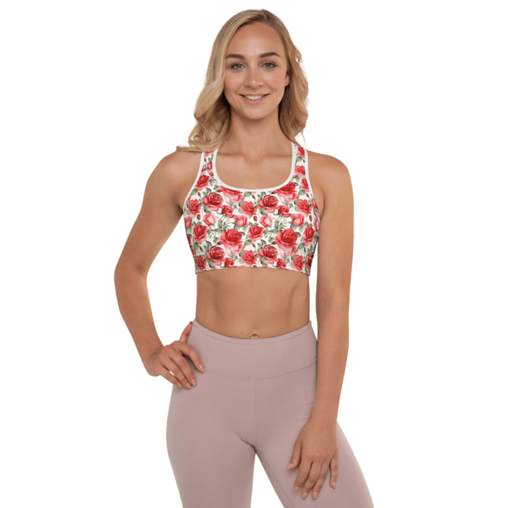 Red Rose Flowers Seamless Pattern Padded Sports Bra 0