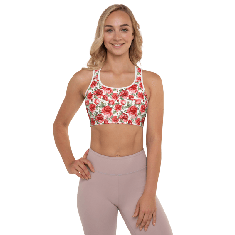 Red Rose Flowers Seamless Pattern Padded Sports Bra 0
