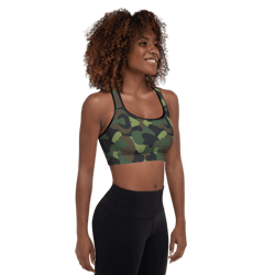 woodland military camo green brown black pattern padded sports bra