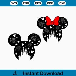 Family Vacation SVG, Mickey Mouse and Minnie Mouse head with castle and fireworks, SVG, Dxf, Eps and Png files included