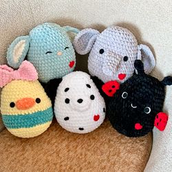 Crochet pattern bundle: elephant, duck, puppy, bunny, ladybug. Amigurumi cute plushies patterns for kids