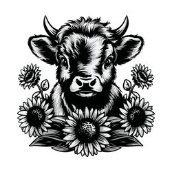 highland cow with sunflowers highland cow vector svg