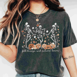 fall breeze and autumn leaves comfort colors shirt, skeleton pumpkin shirt, halloween shirt, fall comfort colors shirt l