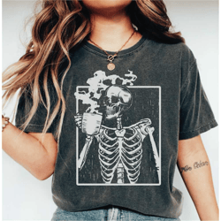 skeleton drinking coffee comfort colors shirt, coffee skeleton coffee halloween shirt, halloween comfort colors shirt ls