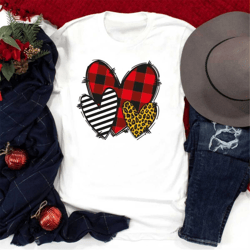 heart trio valentines day shirt, buffalo plaid leopard heart shirt, matching valentines couples, 3 hearts valentines tee
