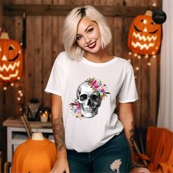 floral skeleton sweatshirt, halloween skull hoodie, womens halloween shirt, women fall graphic tee, cozy chic fall tee,