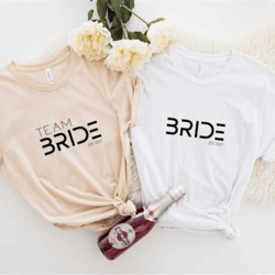 minimalist bride and team bride shirts, bride sweatshirt, hen party tees, bachelorette party t-shirts, bridal party t-sh