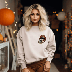 halloween vampire sweatshirt, vampire lips shirt, leopard print lips fall sweater, halloween pullover with skeletons, co