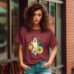 retro halloween ghost shirt, flower ghost sketch t-shirt, vintage ghost halloween tee shirt, witch tees, retro fall shir