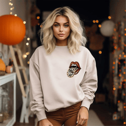 halloween vampire sweatshirt, vampire lips shirt, leopard print lips fall sweater, halloween pullover with skeletons, co
