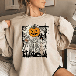 pumpkin skeleton halloween sweatshirt, pumpkin face shirt, happy halloween t-shirt, halloween gifts, skeleton shirt, hal