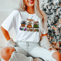 happy hallothanksmas shirt - halloween cat owner shirt - christmas cat lover t-shirt - thanksgiving cat mom shirt - cat