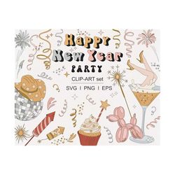 Groovy Happy New Year Eve Party Hat Mask Champagne Confetti Fireworks Skyrocket Disco ball clipart set Individual PNG SV