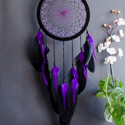 Handcrafted Black and Purple Dreamcatcher, Elegant Home Decor for Positive Energy and Tranquil Sleep