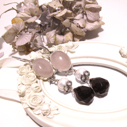 Long handmade gemstone statement earrings, Rose Quartz, Purple Quartz, White shell beads ancient Victorian look