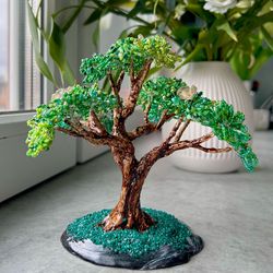 Handcrafted Wire Bonsai Tree Sculpture with Natural Quartz - Miniature Realistic Artwork