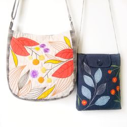 Exquisite Hand Embroidered Canvas Cross Body Bags for Women - Unique Small Purses Adorned with Bright Beautiful Flowers.