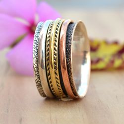 Wide Band Spinner Ring, Sterling Silver Ring, Fidget Meditation Ring, Hammered Spinning Ring, Worry Boho Statement Rings