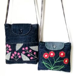Handmade Small Denim Hand Embroidered Purses for Women, Handcrafted Boho Style Shoulder Bags - Floral Accents for Ladies