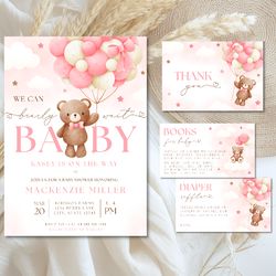 We Can Bearly Wait Teddy Bear Balloon Baby Shower Invitation Bundle