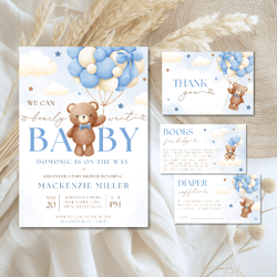 We Can Bearly Wait Blue Teddy Bear Balloon Baby Shower Invitation Bundle
