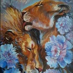 Couple of lions hug kiss oil painting on canvas on stretcher