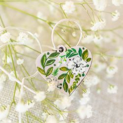 Hearted wooden pendant with hand painted flowers - PALE PINK