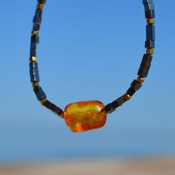 Baltic amber/ hematite beads bracelet, gift idea for women