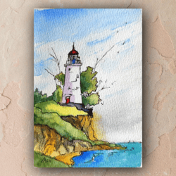 White Lighthouse Painting Original Watercolor Art landscape Artwork 4 by 6