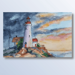 White Lighthouse Painting Original Watercolor Art landscape Artwork 4 by 6 watercolor card