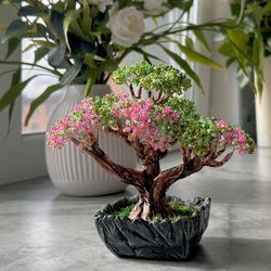 Mini beaded tree green with pink | realistic fake bonsai | home decoration | table decorating idea | one of kind