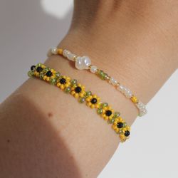 Set of Two Handcrafted Beaded Sunflower Bracelets - Customizable Sizes - Floral Charm Jewelry for Nature Lovers - Unique