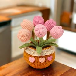 Crochet Tulips Pot, Crochet Flower Plants, Crochet Plants for Mom, Mother's Day Gift