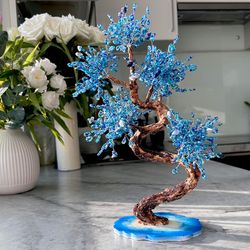 Handmade beaded bonsai tree blue with a curved trunk exclusive home decor