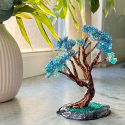 Handcrafted miniature bonsai tree blue